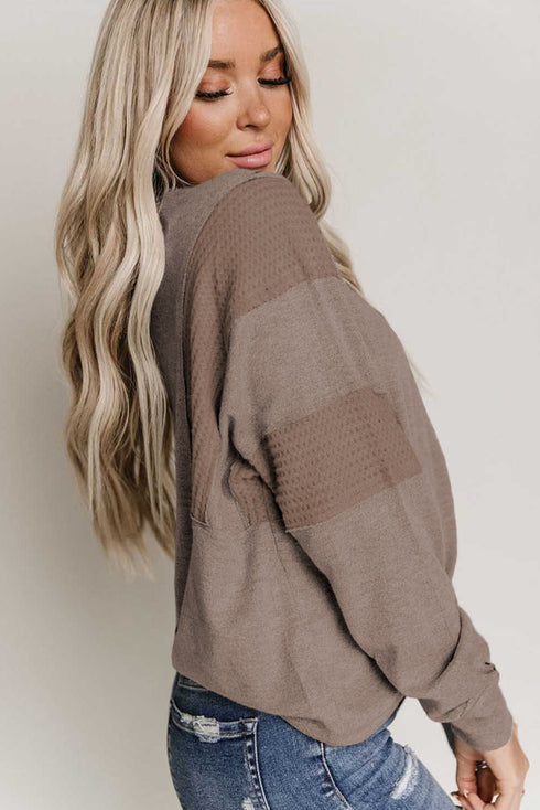 Waffle Patchwork Dolman Sleeve Henley Top